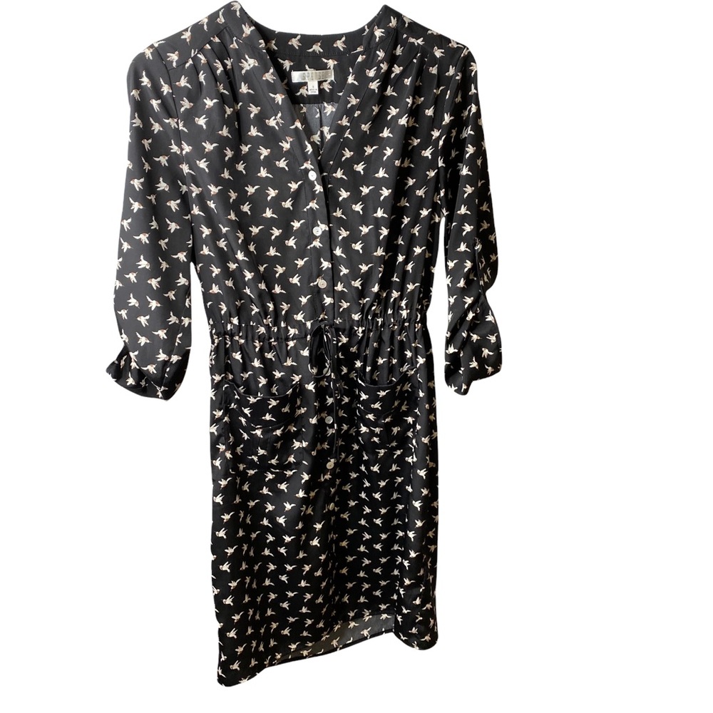 Spense Black Hummingbird Button Down Shirt Dress Knee Length Size S